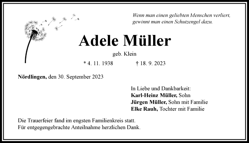  Traueranzeige für Adele Müller vom 30.09.2023 aus Rieser Nachrichten