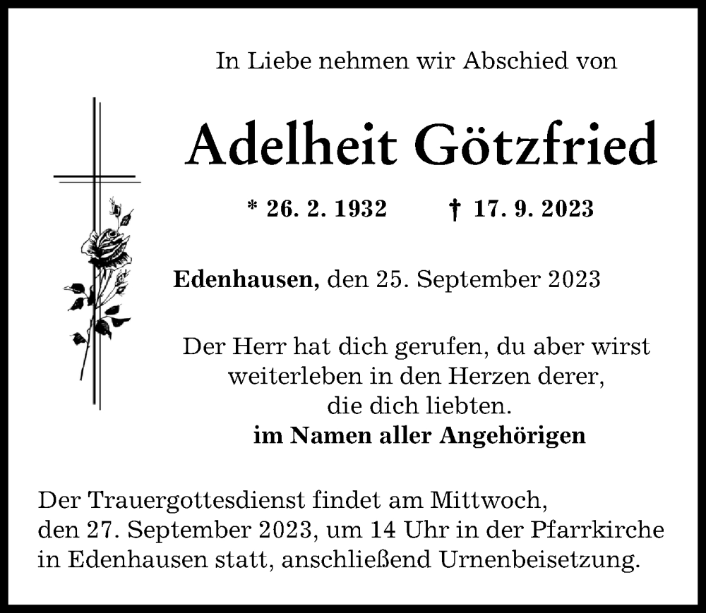  Traueranzeige für Adelheit Götzfried vom 25.09.2023 aus Mittelschwäbische Nachrichten