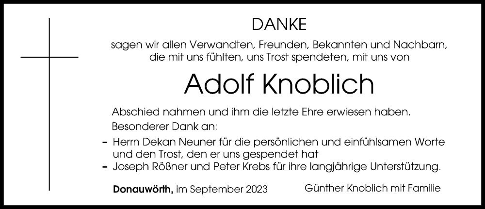 Traueranzeige von Adolf Knoblich von Donauwörther Zeitung