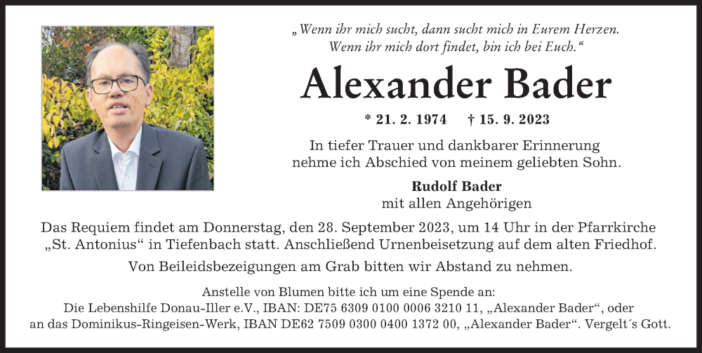  Traueranzeige für Alexander Bader vom 26.09.2023 aus Illertisser Zeitung
