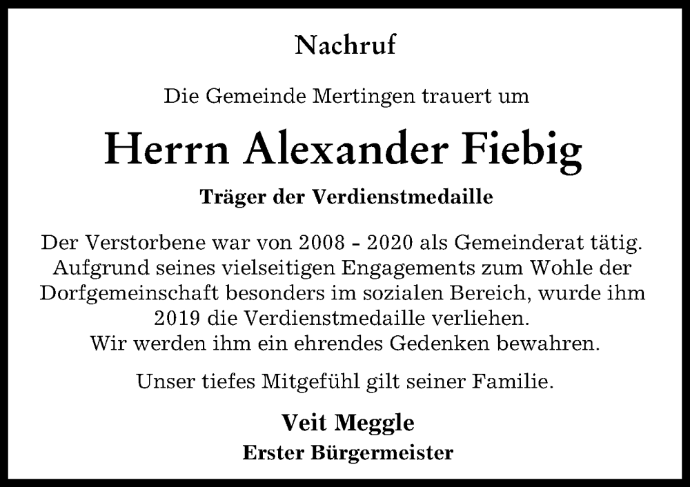  Traueranzeige für Alexander Fiebig vom 30.09.2023 aus Donauwörther Zeitung
