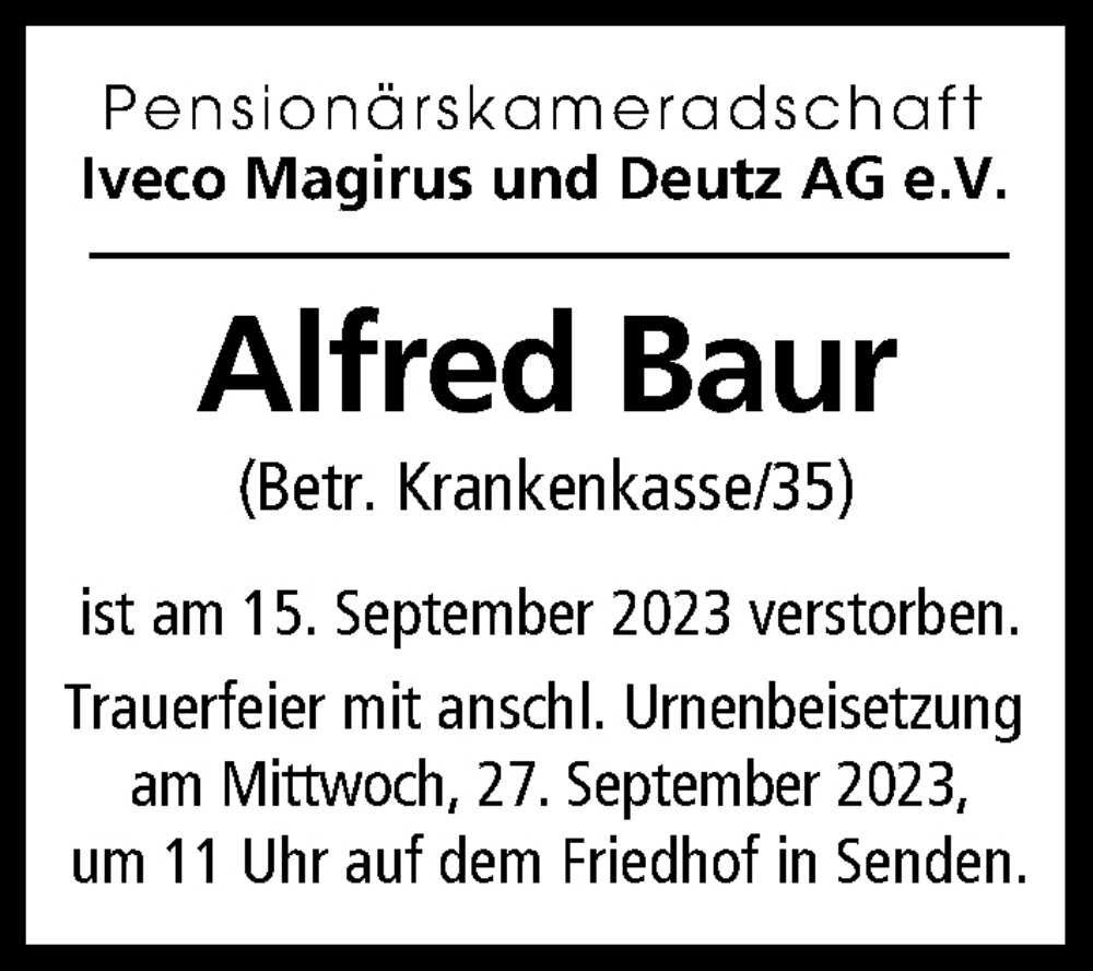  Traueranzeige für Alfred Baur vom 23.09.2023 aus Illertisser Zeitung, Günzburger Zeitung, Neu-Ulmer Zeitung
