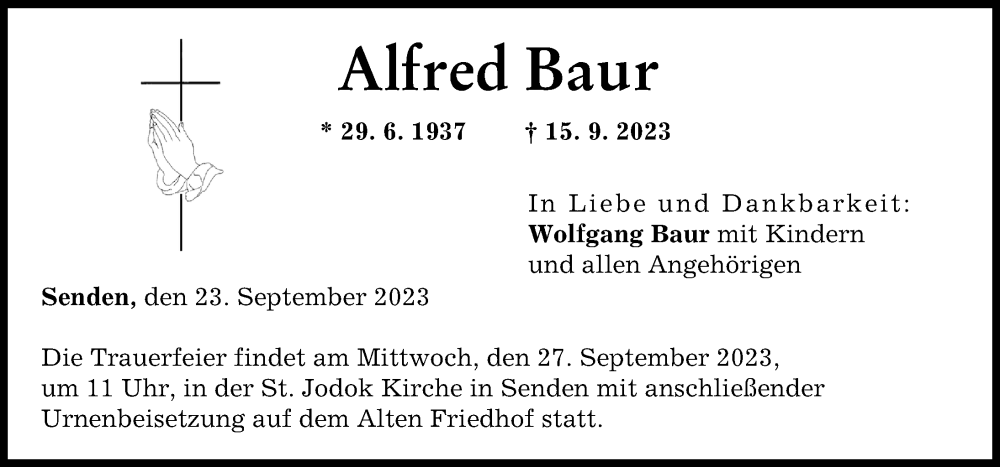  Traueranzeige für Alfred Baur vom 23.09.2023 aus Neu-Ulmer Zeitung