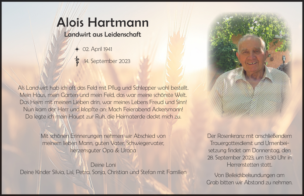  Traueranzeige für Alois Hartmann vom 25.09.2023 aus Illertisser Zeitung
