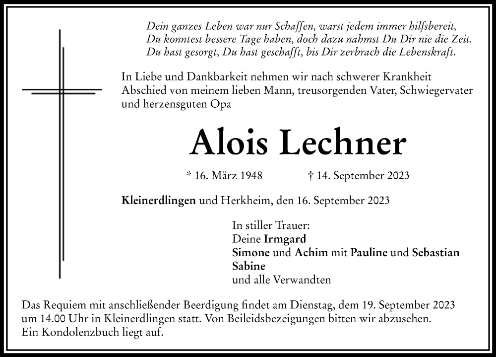  Traueranzeige für Alois Lechner vom 16.09.2023 aus Rieser Nachrichten