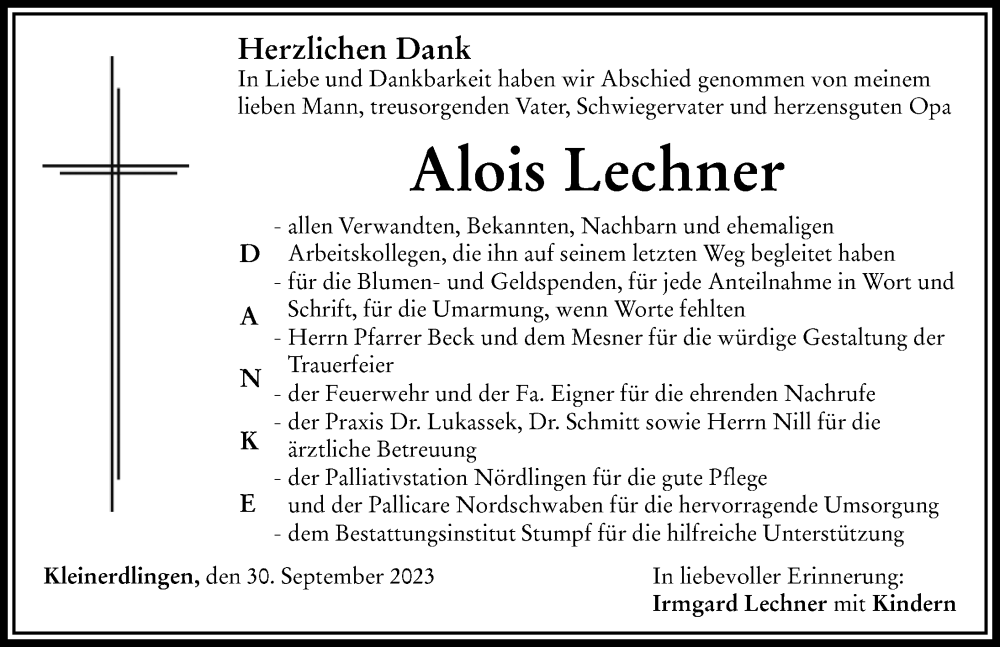  Traueranzeige für Alois Lechner vom 30.09.2023 aus Rieser Nachrichten
