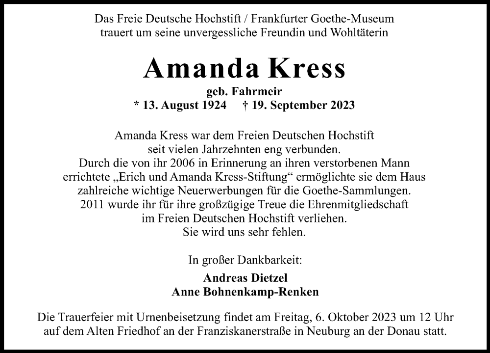  Traueranzeige für Amanda Kress vom 30.09.2023 aus Neuburger Rundschau