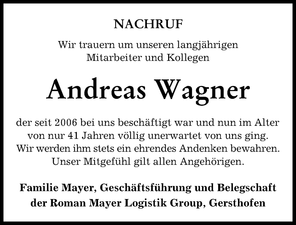 Traueranzeige von Andreas Wagner von Augsburger Allgemeine
