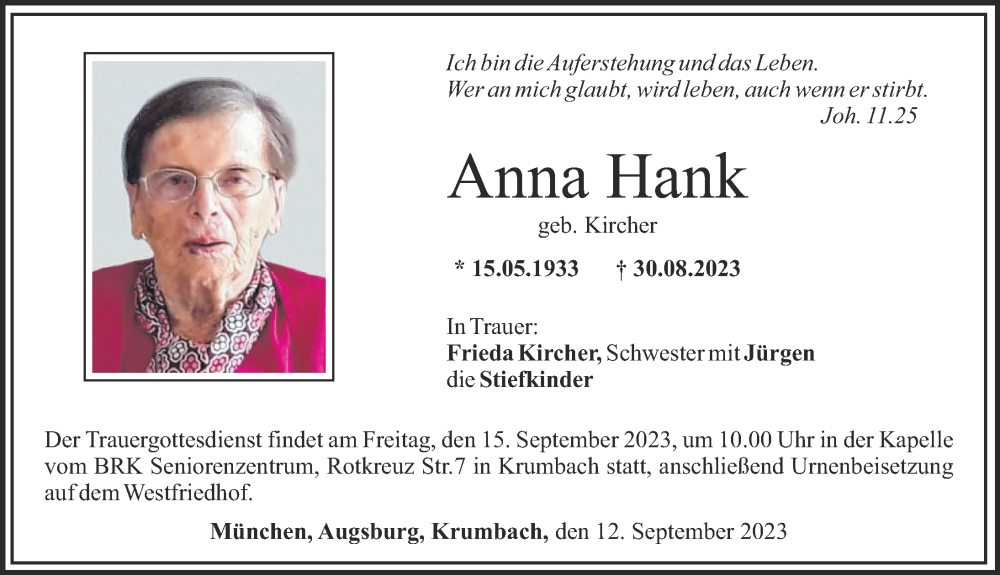 Traueranzeige von Anna Hank von Mittelschwäbische Nachrichten, Günzburger Zeitung