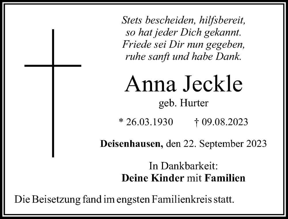  Traueranzeige für Anna Jeckle vom 22.09.2023 aus Mittelschwäbische Nachrichten