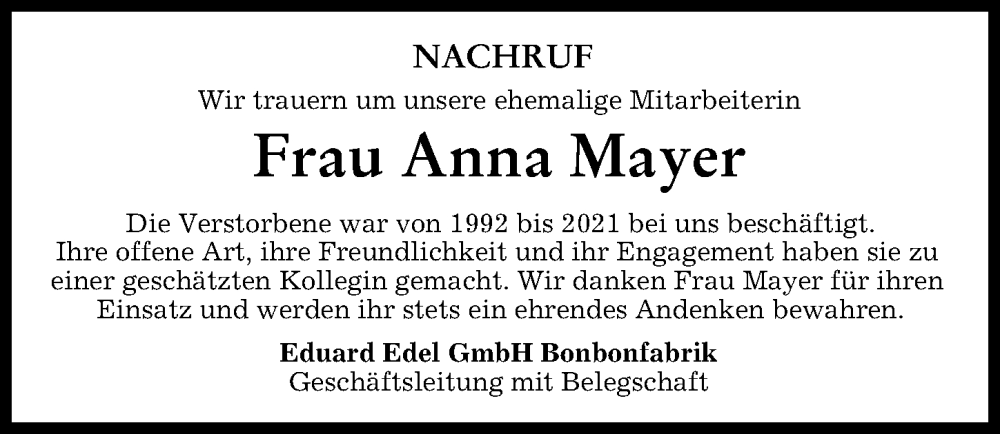 Traueranzeige von Anna Mayer von Donauwörther Zeitung