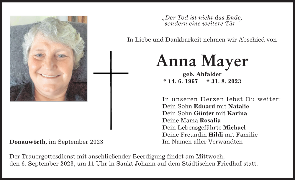  Traueranzeige für Anna Mayer vom 04.09.2023 aus Donauwörther Zeitung