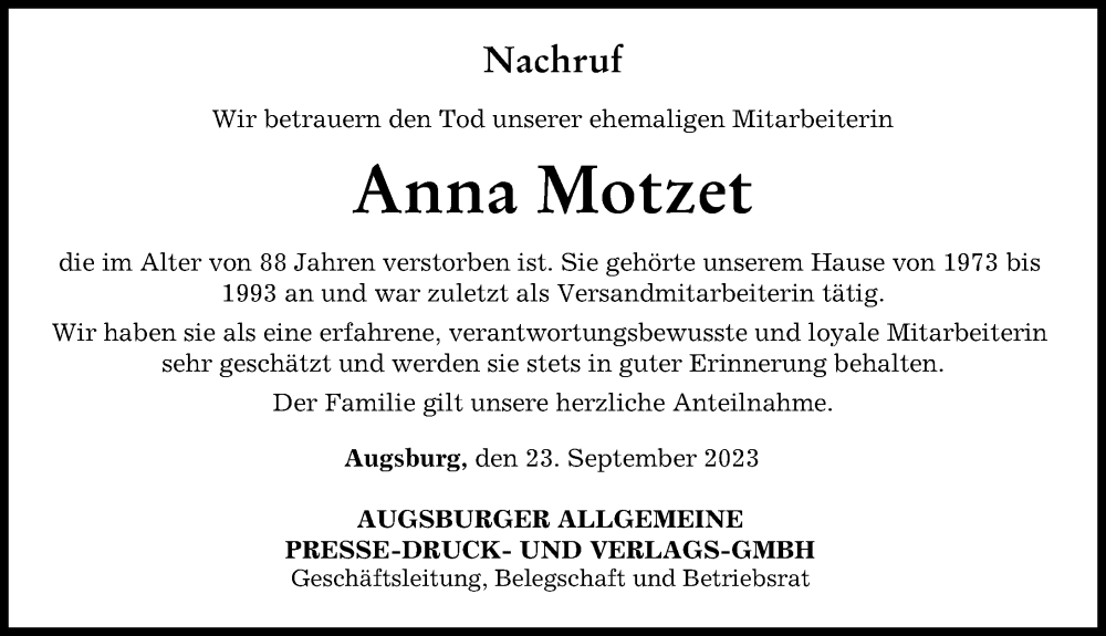 Traueranzeige von Anna Motzet von Augsburger Allgemeine
