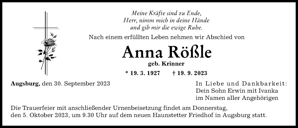  Traueranzeige für Anna Rößle vom 30.09.2023 aus Augsburger Allgemeine