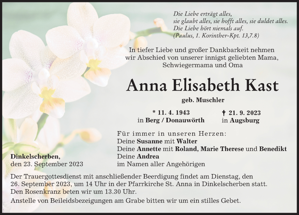  Traueranzeige für Anna Elisabeth Kast vom 23.09.2023 aus Donauwörther Zeitung, Augsburg-Land