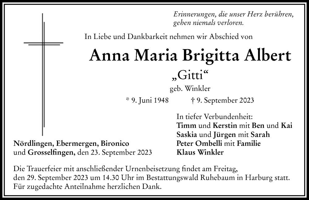  Traueranzeige für Anna Maria Brigitta Albert vom 23.09.2023 aus Rieser Nachrichten