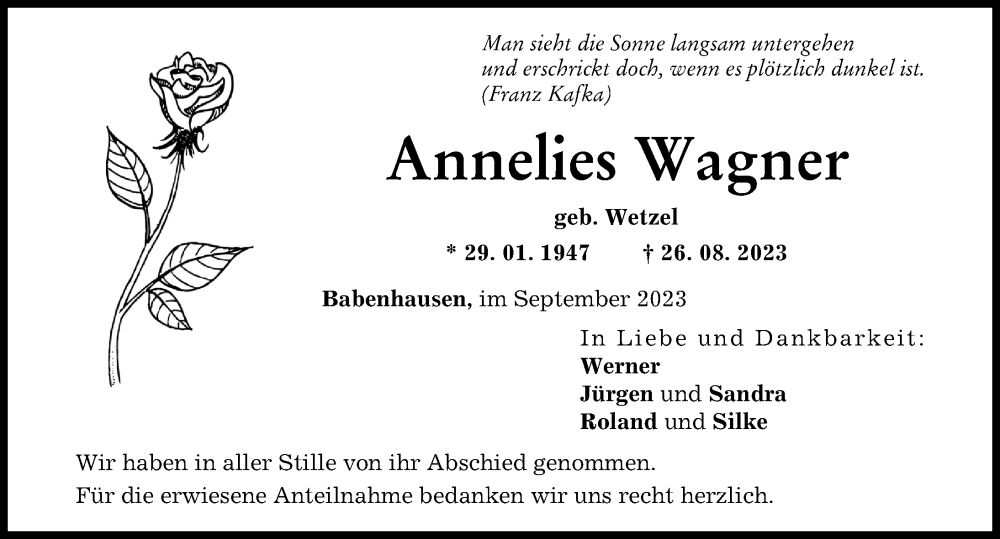  Traueranzeige für Annelies Wagner vom 09.09.2023 aus Illertisser Zeitung