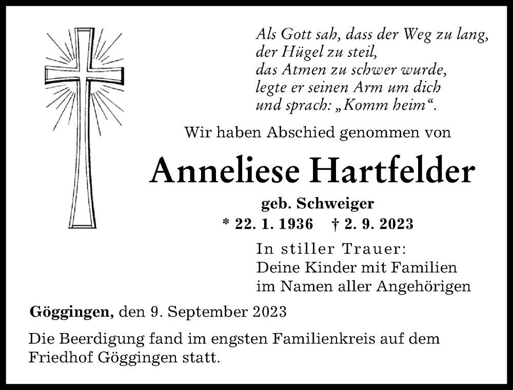 Traueranzeige von Anneliese Hartfelder von Augsburger Allgemeine