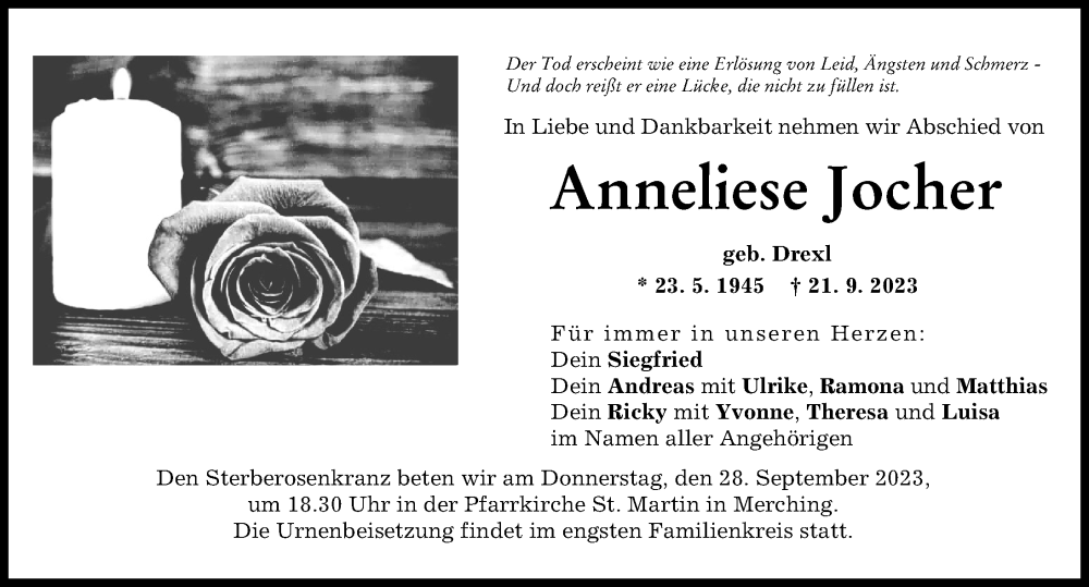  Traueranzeige für Anneliese Jocher vom 27.09.2023 aus Friedberger Allgemeine