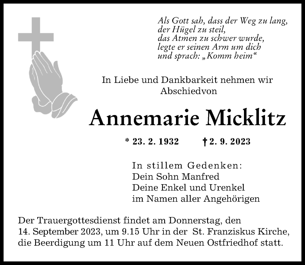Traueranzeige von Annemarie Micklitz von Augsburger Allgemeine