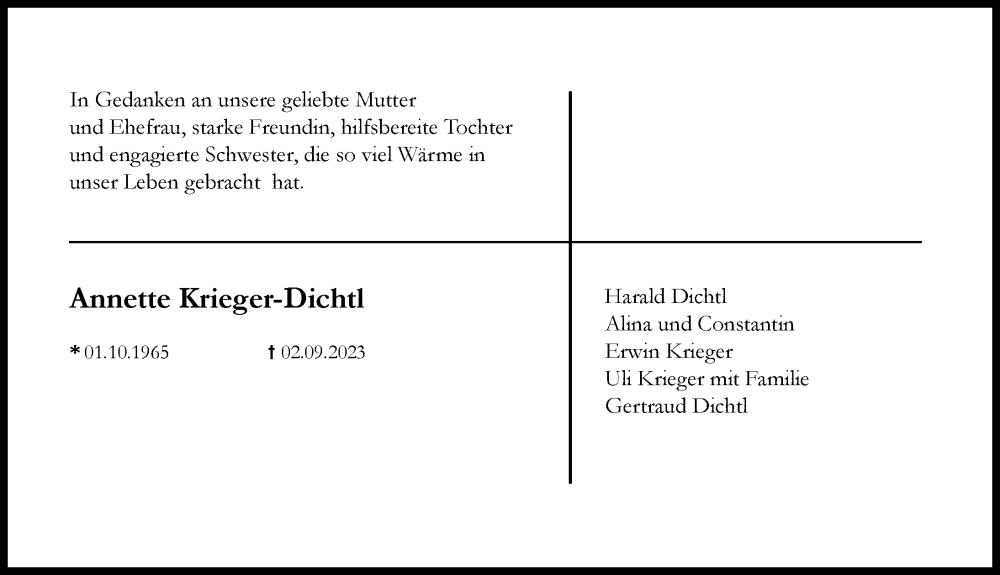  Traueranzeige für Annette Krieger-Dichtl vom 23.09.2023 aus Günzburger Zeitung