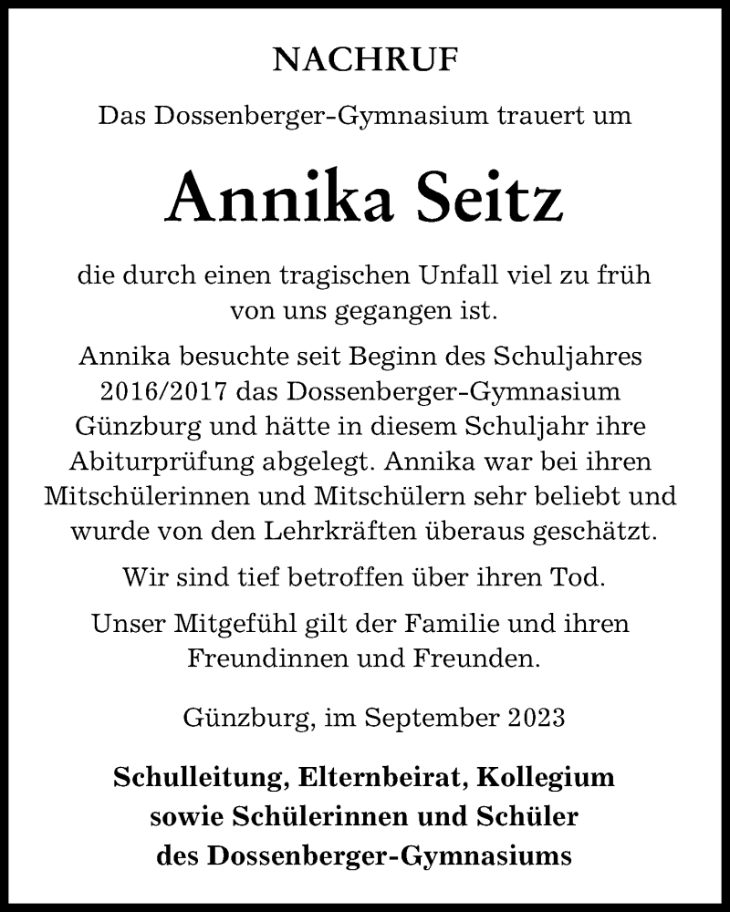 Traueranzeige von Annika Seitz von Günzburger Zeitung