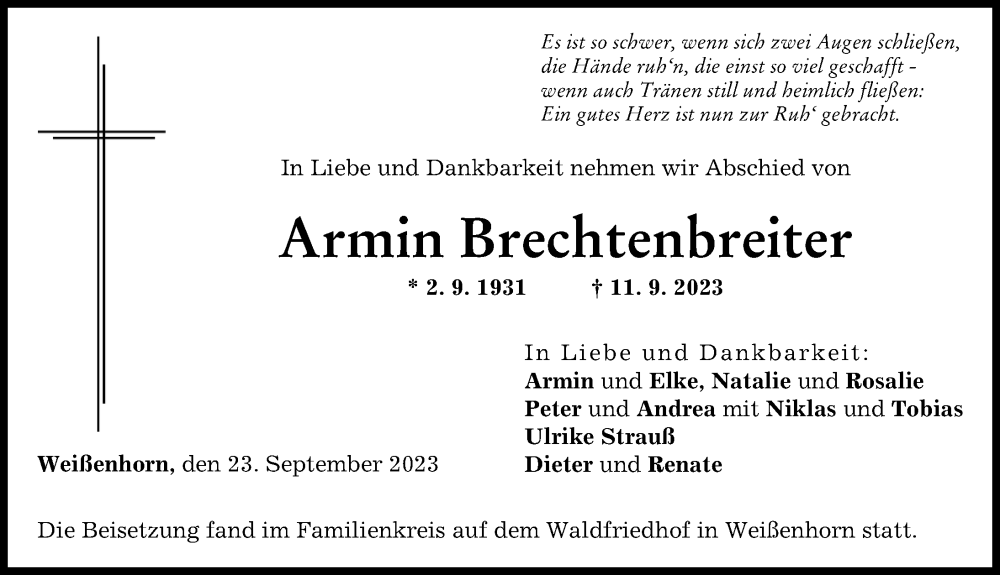 Traueranzeige für Armin Brechtenbreiter vom 23.09.2023 aus Neu-Ulmer Zeitung