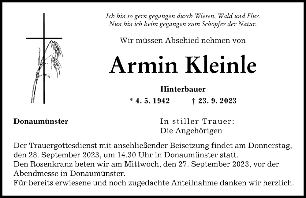  Traueranzeige für Armin Kleinle vom 27.09.2023 aus Donauwörther Zeitung