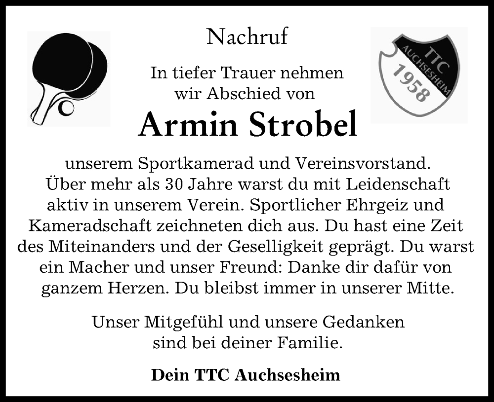  Traueranzeige für Armin Strobel vom 29.09.2023 aus Donauwörther Zeitung