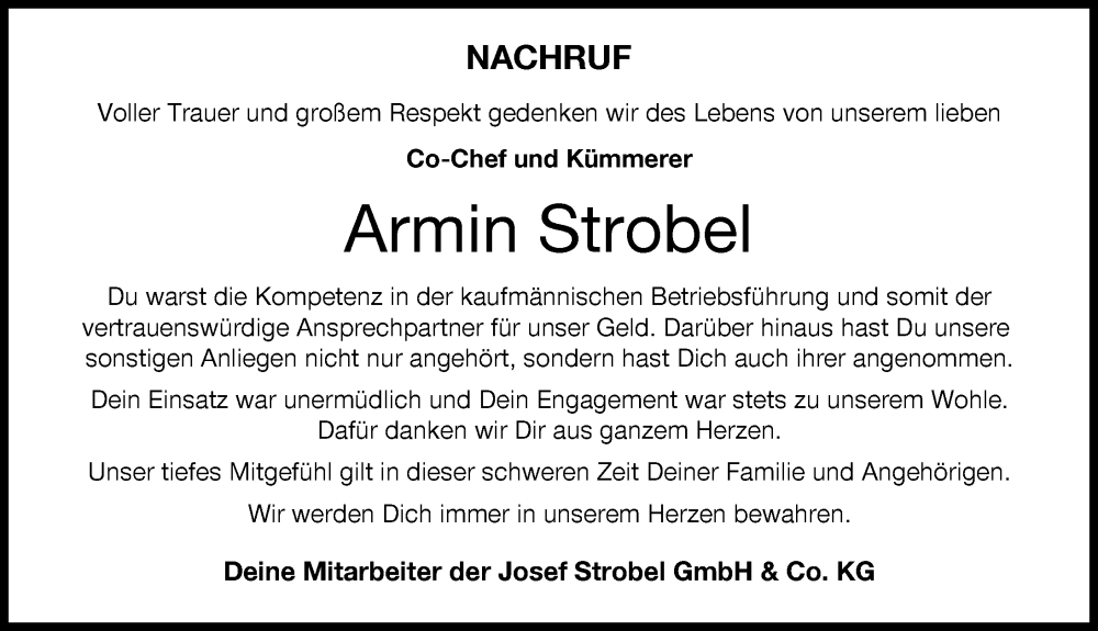  Traueranzeige für Armin Strobel vom 27.09.2023 aus Donauwörther Zeitung