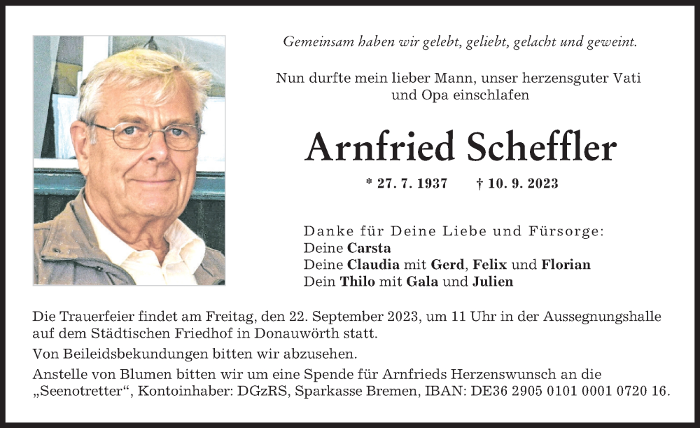 Traueranzeige von Arnfried Scheffler von Donauwörther Zeitung