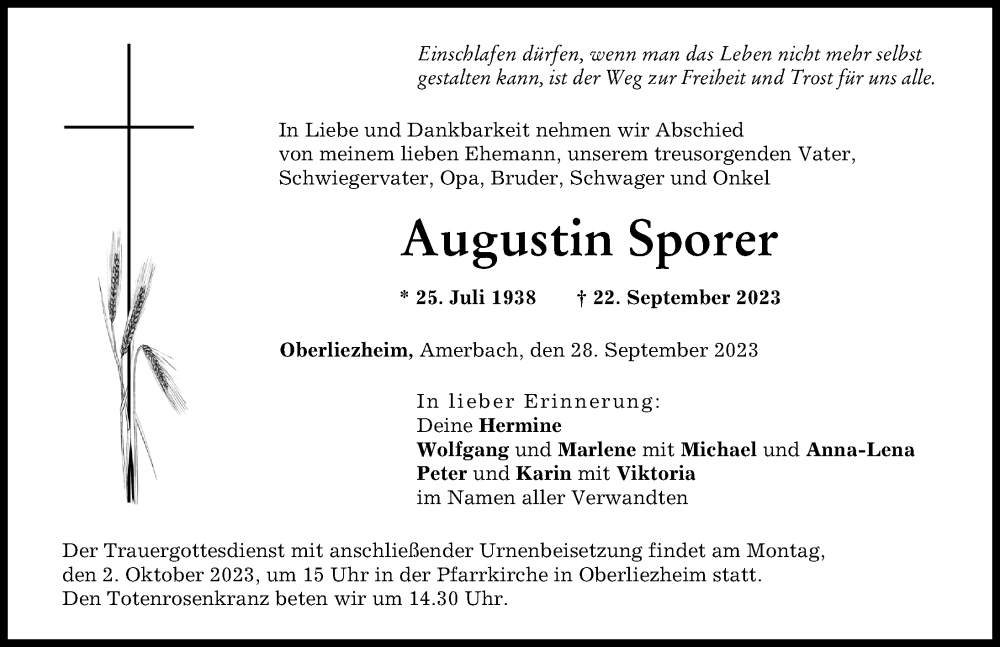  Traueranzeige für Augustin Sporer vom 28.09.2023 aus Donau Zeitung