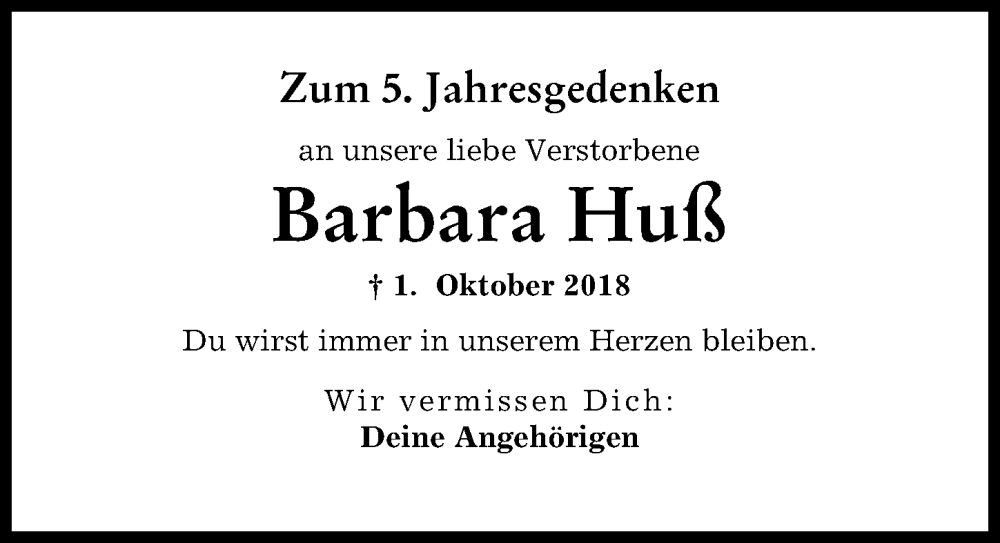  Traueranzeige für Barbara Huß vom 30.09.2023 aus Augsburger Allgemeine