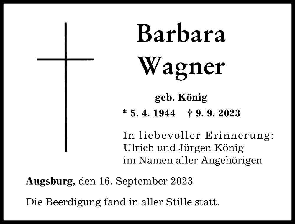 Traueranzeige für Barbara Wagner vom 16.09.2023 aus Augsburger Allgemeine