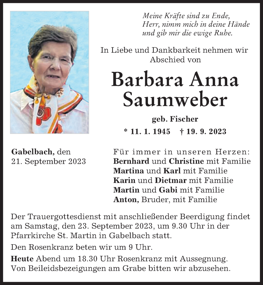 Traueranzeige von Barbara Anna Saumweber von Augsburger Allgemeine