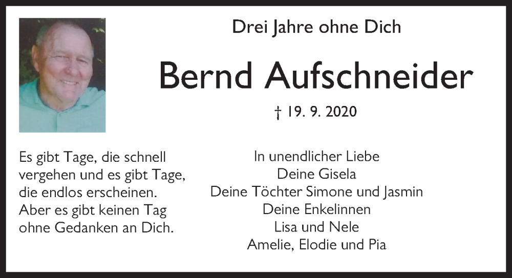 Traueranzeige für Bernd Aufschneider vom 19.09.2023 aus Augsburger Allgemeine