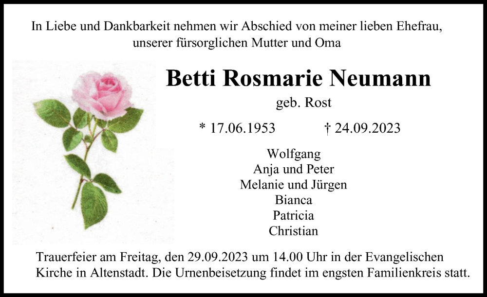  Traueranzeige für Betti Rosmarie Neumann vom 27.09.2023 aus Illertisser Zeitung