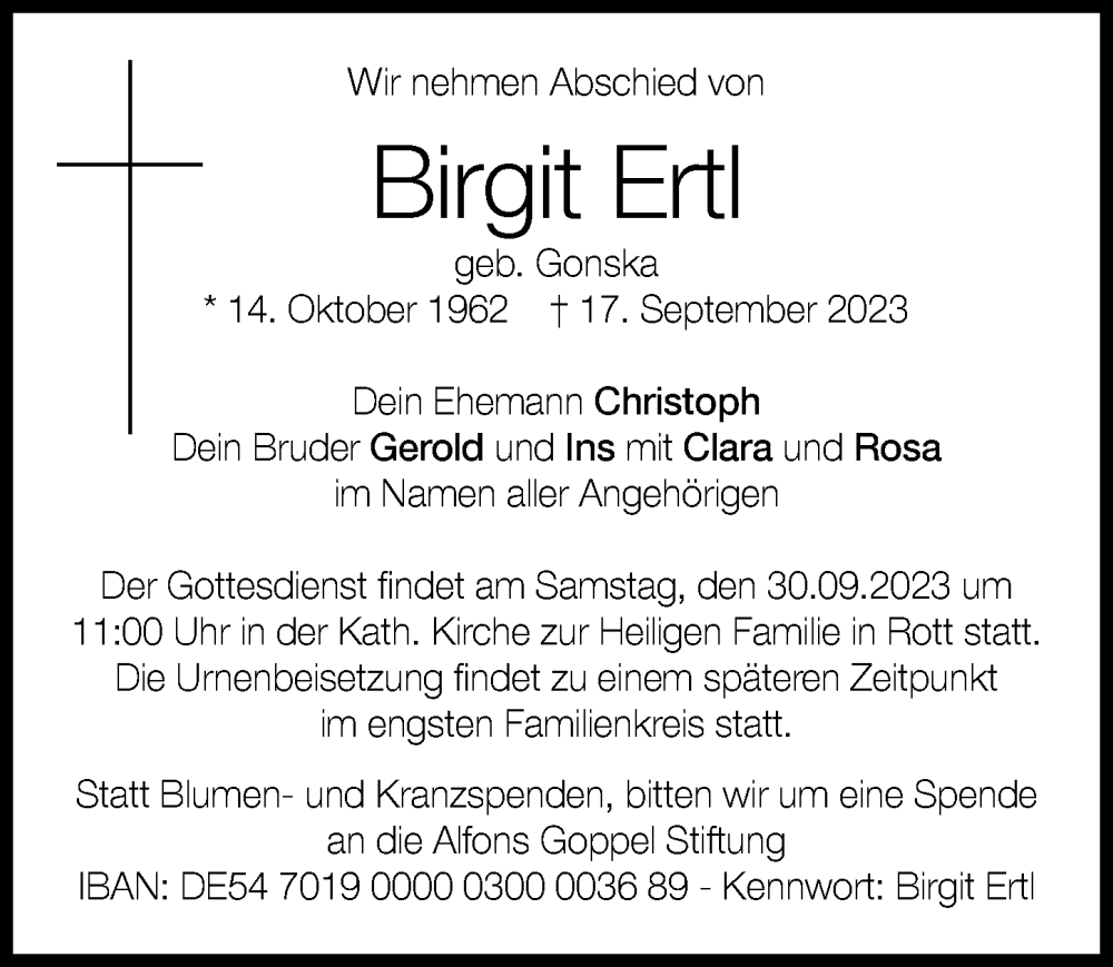  Traueranzeige für Birgit Ertl vom 26.09.2023 aus Landsberger Tagblatt