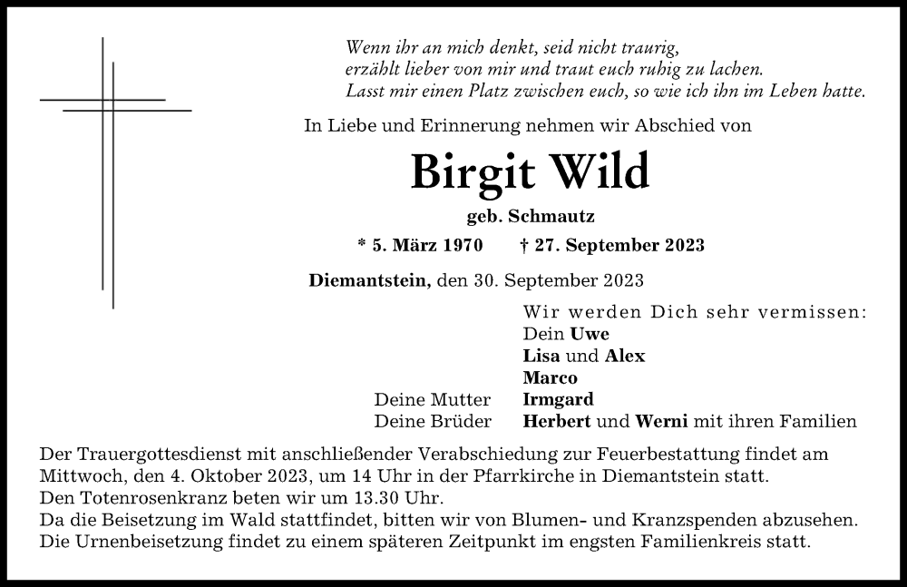  Traueranzeige für Birgit Wild vom 30.09.2023 aus Donau Zeitung