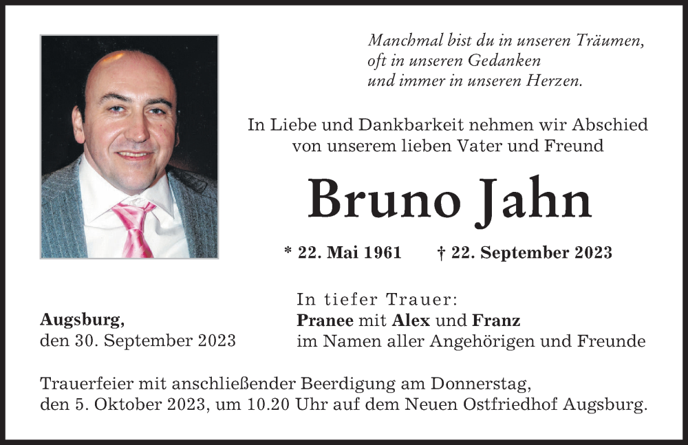  Traueranzeige für Bruno Jahn vom 30.09.2023 aus Augsburger Allgemeine