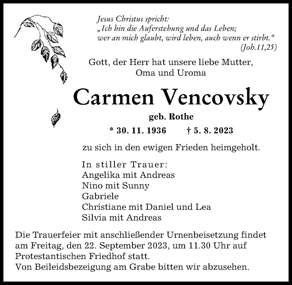 Traueranzeige von Carmen Vencovsky von Augsburger Allgemeine