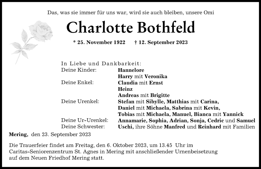  Traueranzeige für Charlotte Bothfeld vom 23.09.2023 aus Friedberger Allgemeine