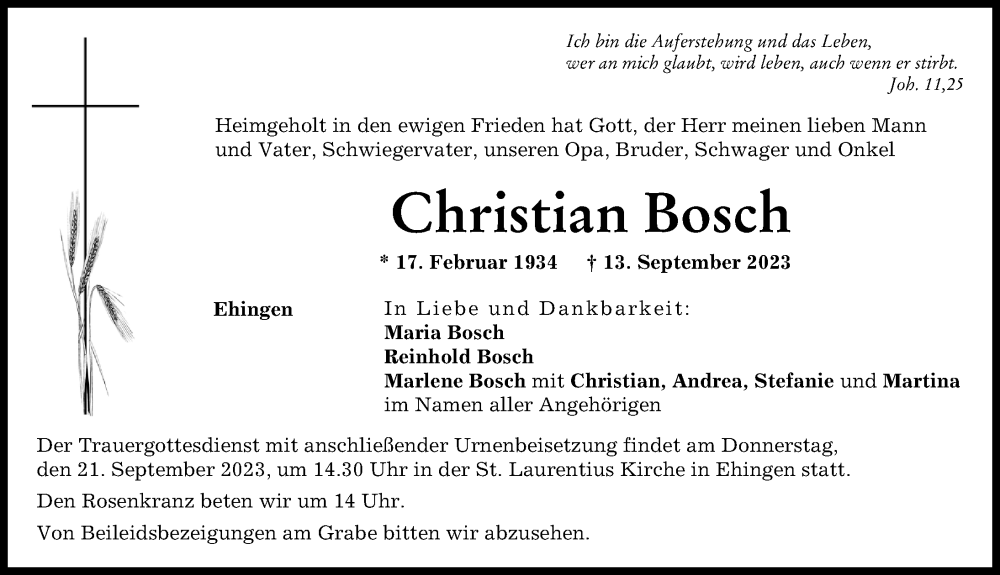  Traueranzeige für Christian Bosch vom 18.09.2023 aus Augsburg-Land