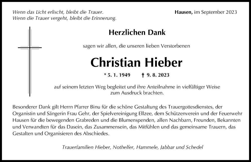 Traueranzeige von Christian Hieber von Mittelschwäbische Nachrichten, Günzburger Zeitung