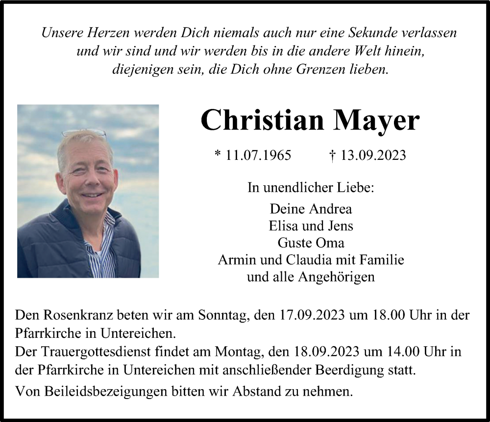  Traueranzeige für Christian Mayer vom 16.09.2023 aus Illertisser Zeitung