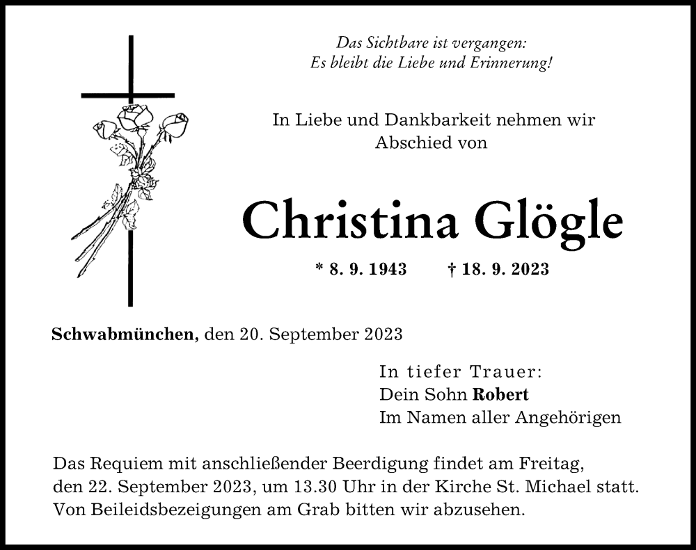  Traueranzeige für Christina Glögle vom 20.09.2023 aus Schwabmünchner Allgemeine
