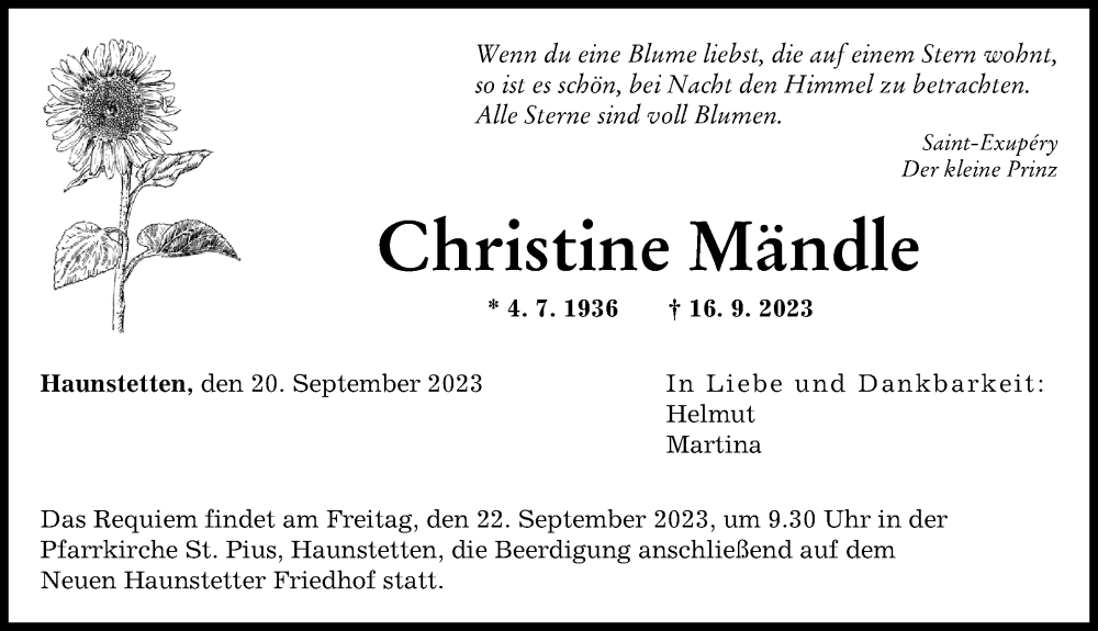 Traueranzeige von Christine Mändle von Augsburger Allgemeine