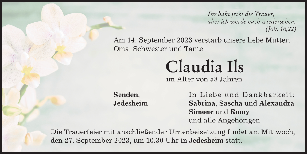  Traueranzeige für Claudia Ils vom 23.09.2023 aus Illertisser Zeitung