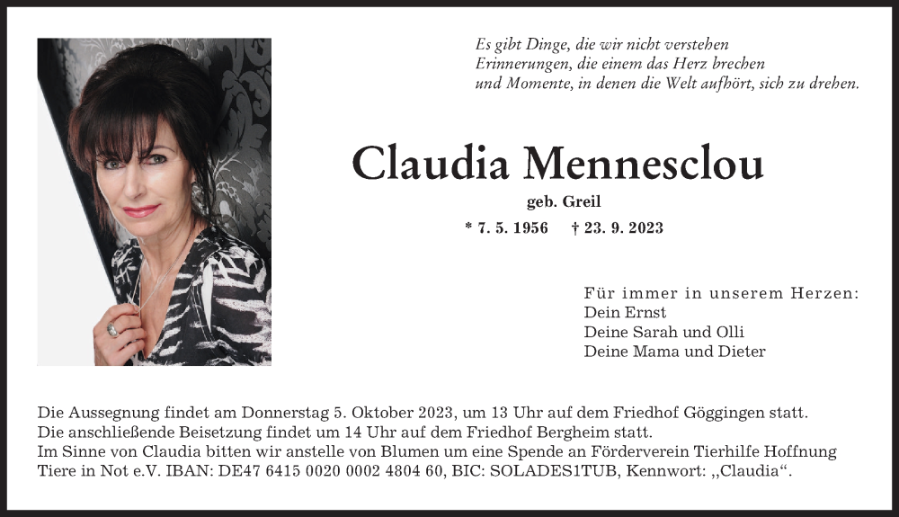  Traueranzeige für Claudia Mennesclou vom 30.09.2023 aus Augsburger Allgemeine