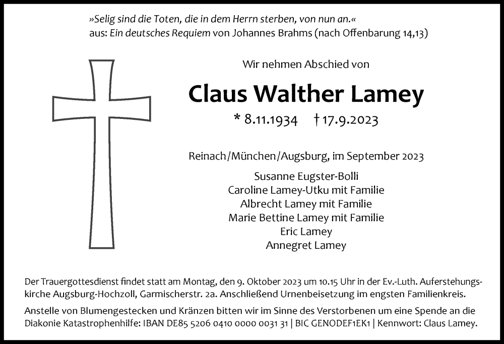  Traueranzeige für Claus Walther Lamey vom 30.09.2023 aus Augsburger Allgemeine